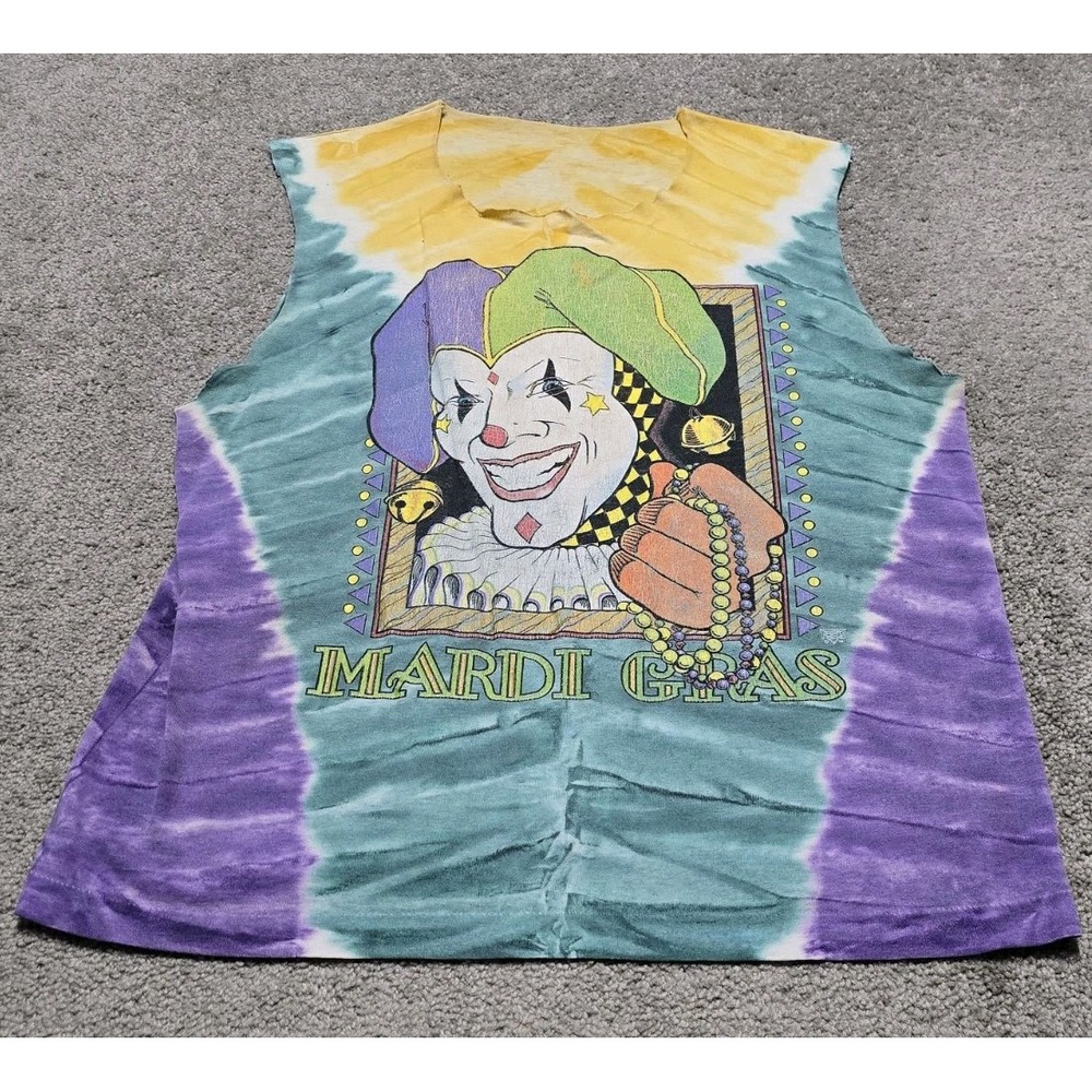 VTG Chopped Single Stitch Mardi Gras T Shirt Tie Dye Mens L 80s Screen Stars - Picture 16 of 16